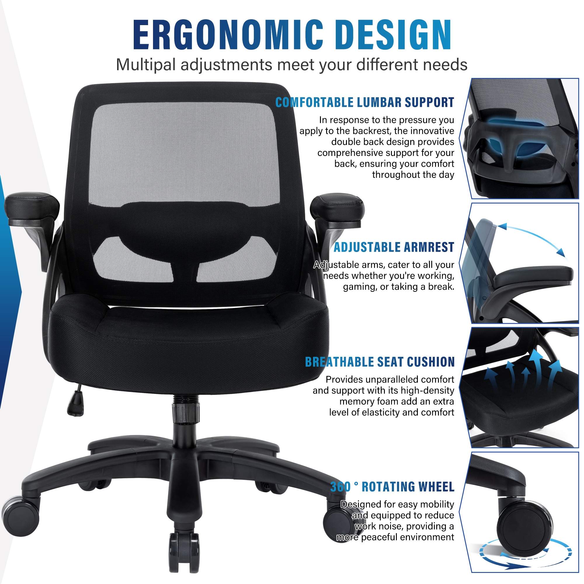 Big And Tall Office Chair 400lbs With Flip-up Arms, Mesh Ergonomic Heavy Duty Computer Chair Desk Chair Wide Seat, Executive Swivel Task Rolling Chairs For Heavy People_maomaolike.com